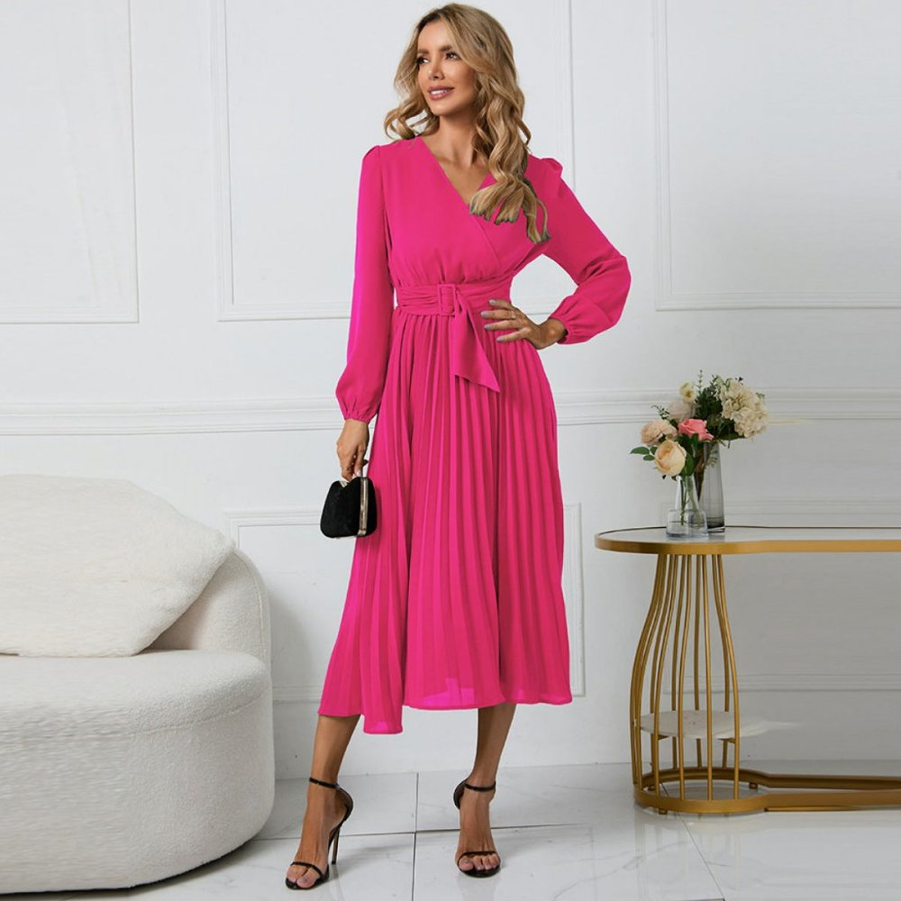 Rose Red V Neck Long Sleeve Tie Waist A-Line Midi Dress - Picture 2 of 8